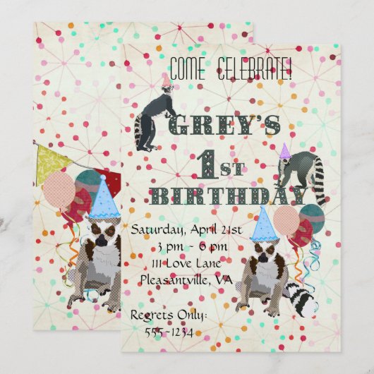 Lemurs Fun Abstracte uitnodiging van Birthday (Voorkant / Achterkant)