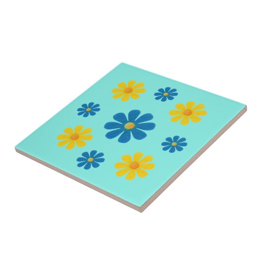 Lentblauwe en gele bloemen voor keuken tegeltje (Zijkant)
