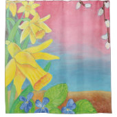 Lentbloemen, Daffodils, Salix caprea en Violet Douchegordijn (Voorkant)