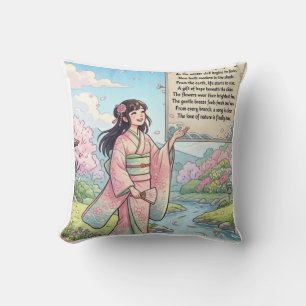 Lente Aankomst Anime Meisje in Kimono met Poëzie Kussen