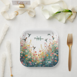 Lente Aquarel Vogels Bloemige Monogram Wilde Bloem Papieren Bordje