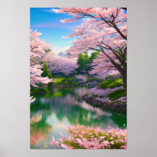 Lente bij de rivier de Cherry Blossom Paradise Poster