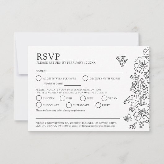 Lente bloem vlinder bruiloft maaltijd optie zwart RSVP kaartje (Achterkant)