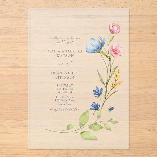 Lente Bloemen bruiloft Frosted Acryl Uitnodigingen (Voorkant)