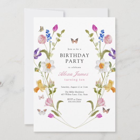 Lente Bloemen en Vlinders Verjaardag Kaart (Voorkant)