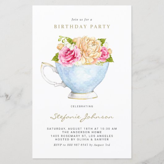 Lente Bloemen in Teacup Verjaardagsfeest Uitnodigi (Voorkant)