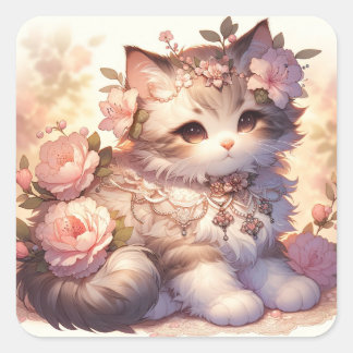 Lente Bloemen Kat Vierkante Sticker