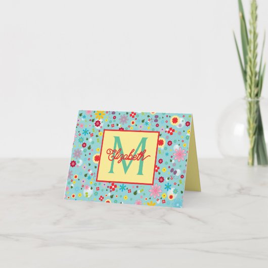 Lente Bloemen op Aqua Blauwe Monogram Notitiekaartje (Voorkant)