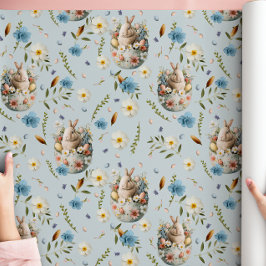 Lente Bloemen Paashaas Viering Blauw Cadeaupapier