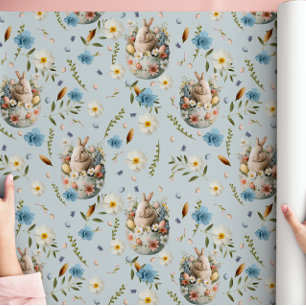 Lente Bloemen Paashaas Viering Blauw Cadeaupapier