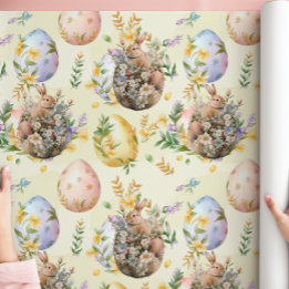 Lente Bloemen Paashaas Viering Geel Cadeaupapier