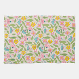 Lente Bloemen Patroon op Roze Theedoek