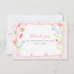 Lente Bloemen Roze Gingham Baby Shower Bedankkaart
