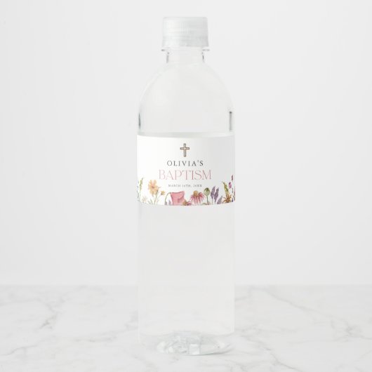 Lente bloemenmeisje doopfeest met wilde bloemen waterfles etiket (Voorkant)