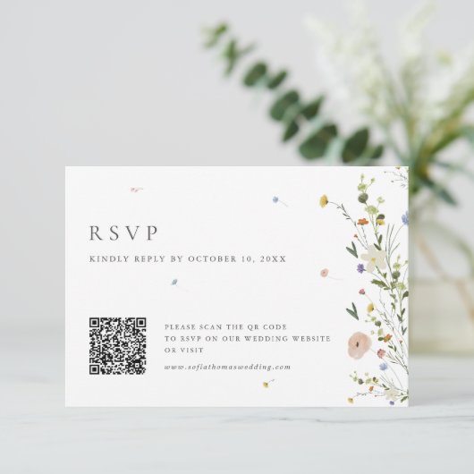 Lente Bloementuin Minimalistische Bloem QR-code RSVP Kaartje (Staand voorkant)