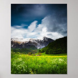 Lente bloemenveld onder berg Krn Poster