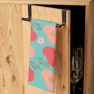 Lente Bloempatroon Handgetekende Turquoise Perzik Theedoek