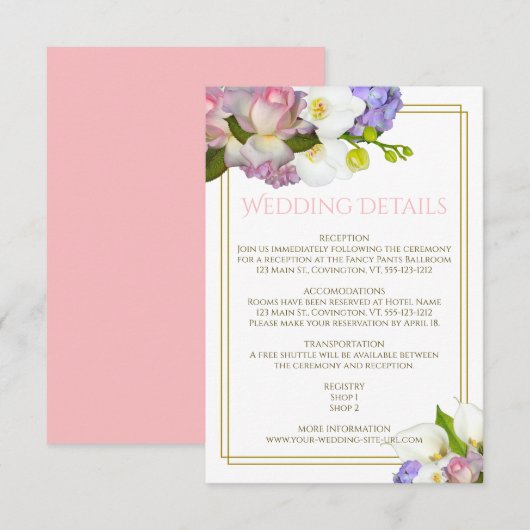 Lente Boeket Bloemen Goud en Roze Bruiloft Informatiekaartje (Voorkant / Achterkant)