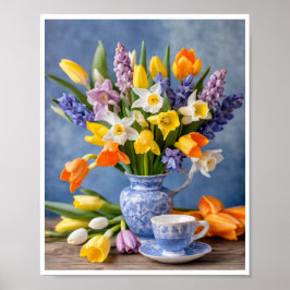 Lente boeket van Daffodils Tulpen Teacup Poster