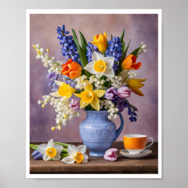 Lente Boeket van Vrolijke Daffodils Tulpen Teacup Poster