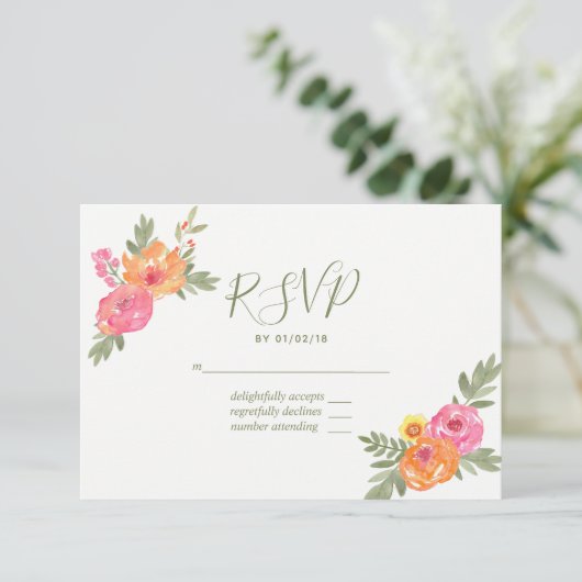 Lente bruiloft watercolor bloemen RSVP (Staand voorkant)