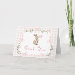 Lente Coquette Konijn Roze Gingham 1e Verjaardag Bedankkaart
