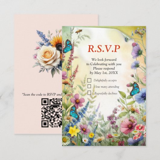 Lente en Zomer Bloeiende Bloemen RSVP Kaartje (Voorkant / Achterkant)