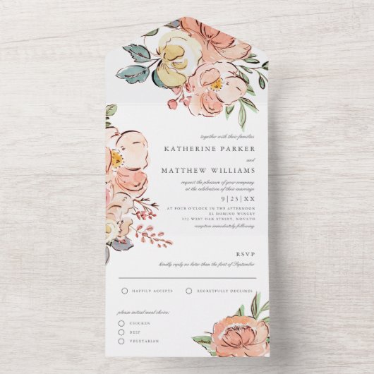  lente-Floral Waterverf bruiloft All In One Uitnodiging (Binnen)