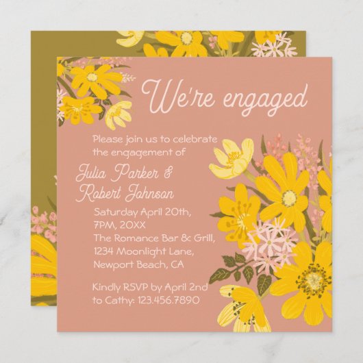 Lente gele boterbloem roze bloesem We’re Engaged Kaart (Voorkant / Achterkant)