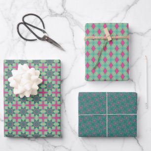Lente Geometrische Groene Roze Set Inpakpapier Vel