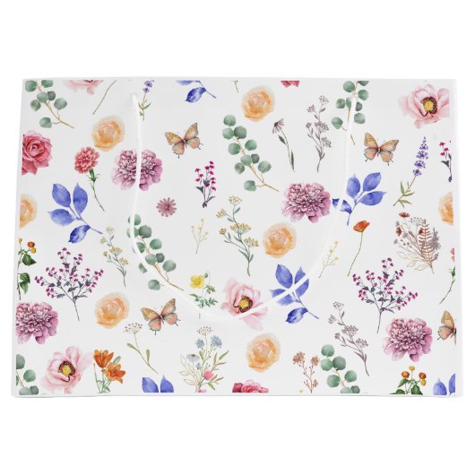 Lente geperste wilde bloemen vlinder wit groot cadeauzakje (Voorkant)