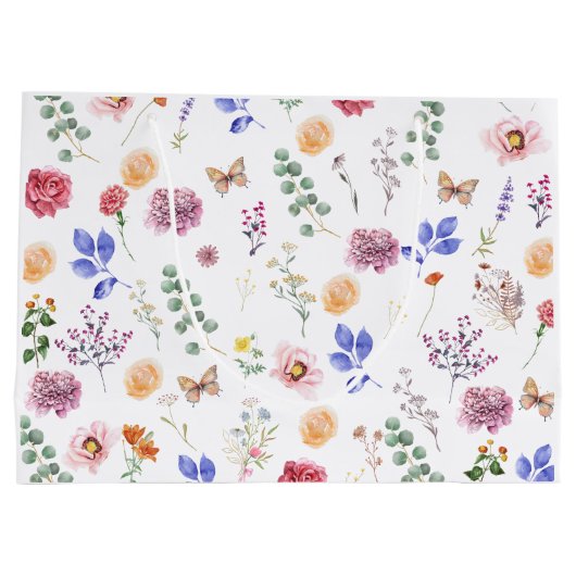 Lente geperste wilde bloemen vlinder wit groot cadeauzakje (Achterkant)