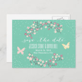 Lente groene vlinder en bloemen sparen de Datum Aankondigingskaart (Voorkant / Achterkant)