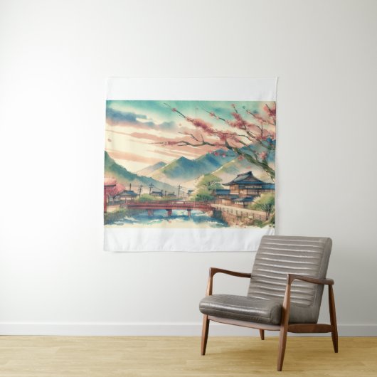 Lente in een Japans Waterverf landschap Wandkleed (In situ)