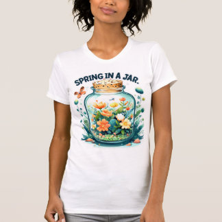 Lente in een pot: bloeiende bloemen en levendige t-shirt