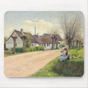 Lente in het dorp met meisjes op de weg muismat