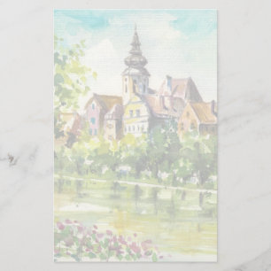 Lente in kleine stad op de rivier briefpapier