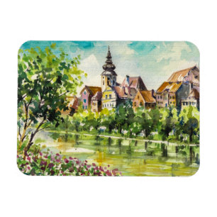 Lente in kleine stad op de rivier magneet