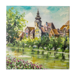 Lente in kleine stad op de rivier tegeltje