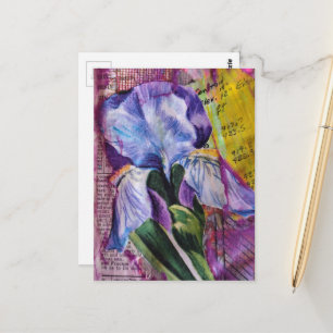 Lente Iris Bloem mixed media collage Ansichtkaart Briefkaart