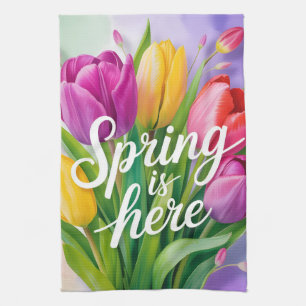 "Lente is hier" Tulpboeket Illustratie Theedoek