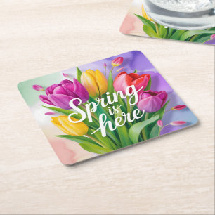 "Lente is hier" Tulpboeket Illustratie Vierkante Kartonnen Onderzetter