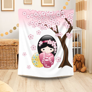 Lente Kokeshi-pop - Schattig Japans Geisha-meisje Fleece Deken