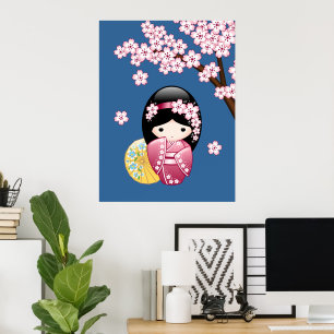 Lente Kokeshi Pop - Schattige Japanse Geisha op Bl Poster