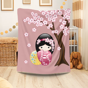 Lente Kokeshi-pop - Schattige Japanse Geisha op Ro Fleece Deken