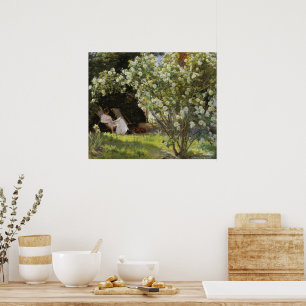 lente land tuin met witte rozen poster