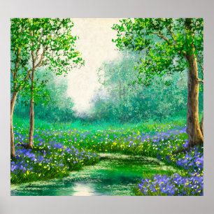 Lente landschap olieverfschilderij, bos. poster