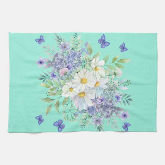 lente madeliefjes met blauwe vlinders theedoek (Horizontaal)