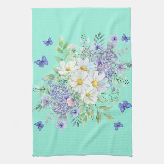 lente madeliefjes met blauwe vlinders theedoek (Verticaal)