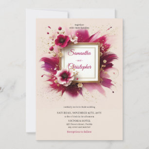 Lente magenta bloemen en faux gouden lijst bruilof kaart
